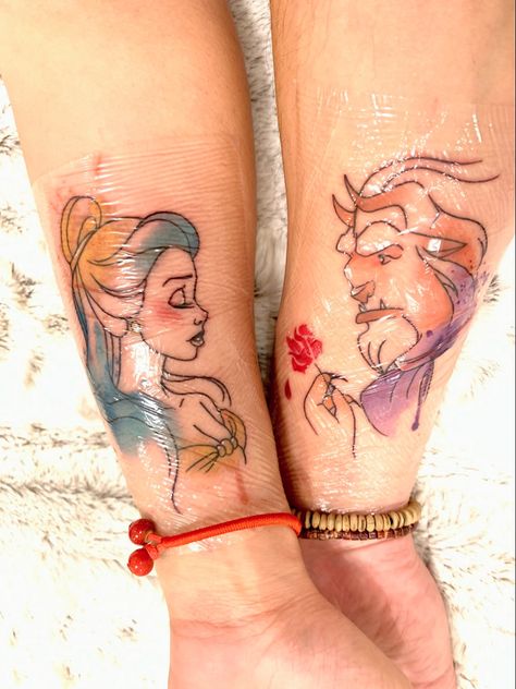 Beauty And The Beast Matching Tattoos, Beauty And Beast Tattoo Couple, Beauty And The Beast Couples Tattoo, Beauty Beast Tattoo Couples, Beauty And The Beast Tattoo Couples, Couples Tattoos Beauty And The Beast, Beauty And The Best Couple Tattoos, Beauty Beast Couple Tattoo, Couple Tattoos Disney