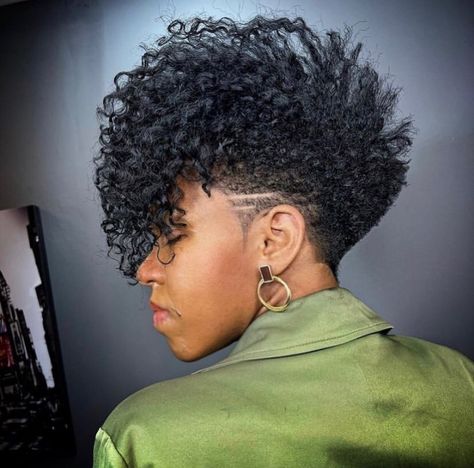 Afro Mullet, Professional Updo, Bun With Bangs, Mohawk Ponytail, Curly Hair Bun, Side Shave, Natural Haircuts, Natural Hair Haircuts, Short Natural Haircuts