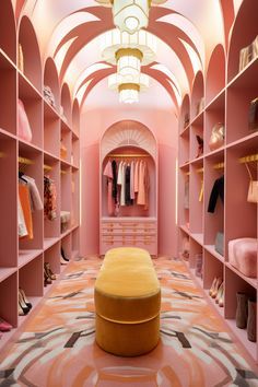 Fun Walk In Closet Ideas, Colourful Closet Aesthetic, Bold Closet Color, Pink Master Closet, Maximalist Walk In Closet, Colourful Walk In Closet, Retro Walk In Closet, 70s Walk In Closet, Pink Walk In Closet Ideas