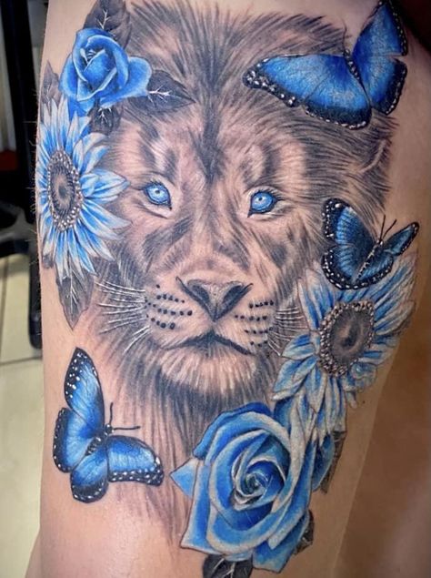 Blue Lion Tattoo, Lion Butterfly, Butterfly Flower Tattoo, Butterflies Tattoo, Sunshine Tattoo, Lion Design, Blue Lion, Butterfly Flower, Lion Tattoo