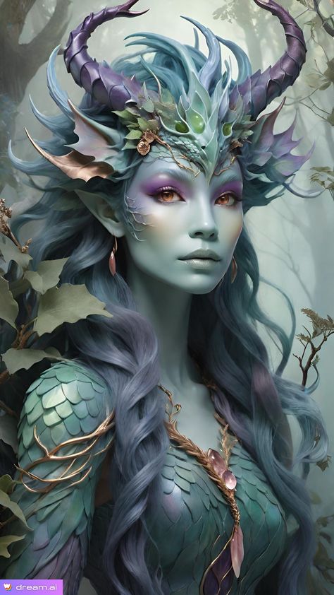 Queer Fantasy Art, Fantasy Creatures Art Humanoid, Mythical Dragons Beautiful, Mythical Creatures Costumes, Half Human Half Animal Character Design, Fae Woman, Fey Creatures, Cosmic Mermaid, Fae Creatures