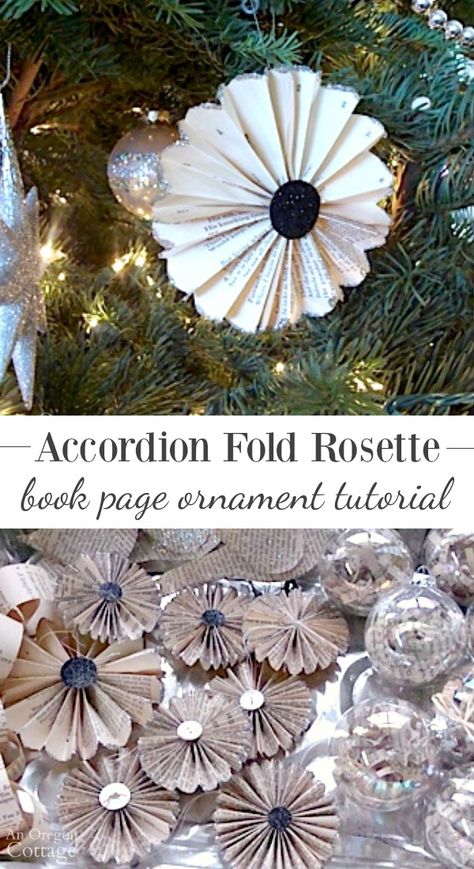 Rolled Paper Ornaments, Christmas Ornaments Made From Old Book Pages, Accordian Paper Ornaments, Accordion Paper Craft, Old Book Ornaments, Book Paper Ornaments Diy, Book Paper Crafts Diy, Ornaments Made From Book Pages, Paper Craft Ornaments