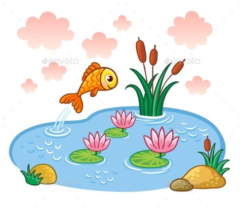 The fish jumps into the pond. Vector illustration with lake and fish. The Pond, The Fish, 1 800, Png Images, Vector Images, Vector Illustration, Lake, Fish, Water