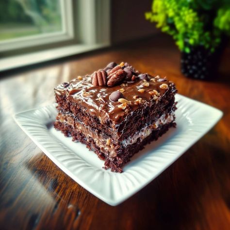 Heavenly German Chocolate Poke Cake - Newsile Wafer Cake Recipe, Russian Tea Mix Recipe, German Chocolate Poke Cake, Squash Dressing, Pecan Praline Cake, Wafer Cake, Sausage Pie, Homemade Cake Mixes, Praline Cake