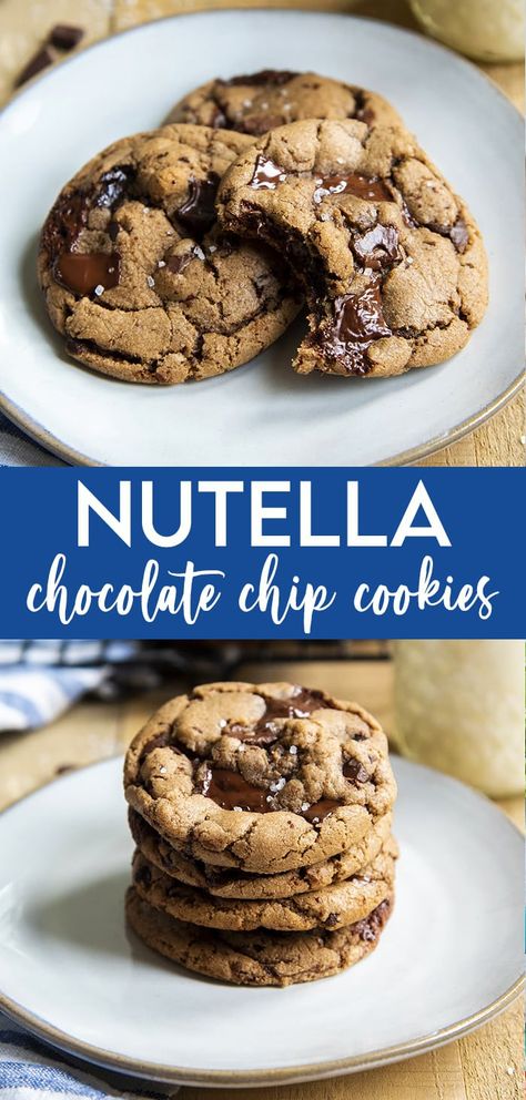 These Nutella chocolate chip cookies are delicious, chewy, Nutella based cookies loaded with chocolate chips. Chewy Nutella Cookies, Nutella Soft Cookies, Cookies With Nutella Recipes, Nuttela Cookies Recipes, Chocolate Chip Cookies With Nutella, Chocolate Chips Desserts, Baking Recipes Nutella, Stuffed Nutella Cookies, Christmas Cookies With Nutella