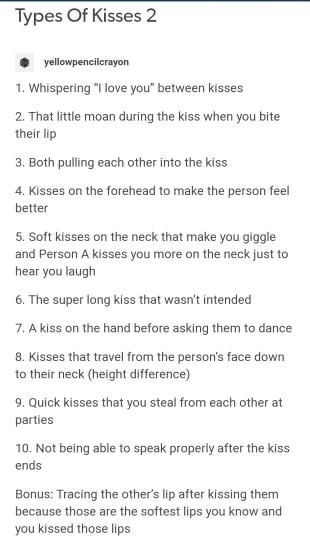 Plot Prompts Romance, Different Types Of Kisses Drawing, Romantic Prompts Tumblr, Make Out Writing Prompts, Plot Ideas Prompts Romance, Types Of Kisses Prompts, Otp Prompts Steamy Kiss, Different Kisses Types, Secret Love Prompts