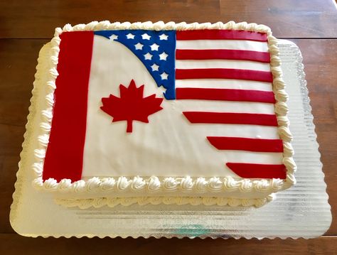 Canadian-American dual citizenship cake Citizenship Party Ideas, Canada Birthday Cake, Us Citizenship Party Ideas, American Citizenship Party, Citizenship Party, Canadian Themed Cakes, Canadian Citizenship Party, Welcome To America Party, Canadian Flag Cake