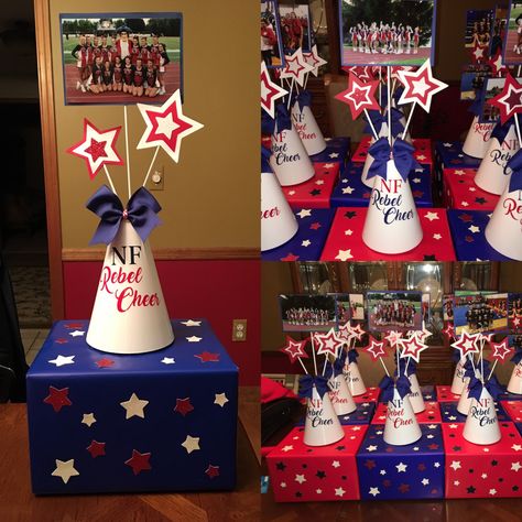 Football And Cheer Banquet Centerpieces, Cheer Centerpiece Ideas, Cheerleading Centerpieces Banquet Ideas, Cheer Table Centerpieces, Cheer Centerpieces Banquet Ideas, Megaphone Centerpieces, Cheer Banquet Decorations, Cheer Banquet Ideas Table Centerpieces, Cheer Banquet Centerpieces