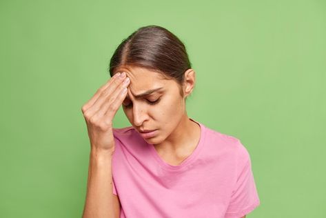 Troubled upset brunette european woman k... | Premium Photo #Freepik #photo #stressed-woman #desperate #worry #tired-woman Hand On Forehead, Tired Woman, European Women, Green Wall, Premium Photo, Headache, Stock Photos, Collage, Pins