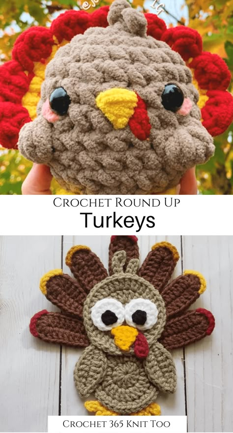 Get ready to FALL in love with these turkeys this fall! #crochet #crochet365knittoo #crochetpattern #crochetturkey #crochetturkeypattern #amigurumi #crochetamigurumi #fallcrochet Crochet Turkey Placemat Pattern, Crochet Thanksgiving Turkey Patterns Free, Small Turkey Crochet Pattern, Crochet Turkey Feathers, Crochet Turkey Applique, Crochet Turkey Amigurumi, Fall Themed Crochet Patterns, Crocheted Turkey Pattern, Crochet Turkey Hat Free Pattern