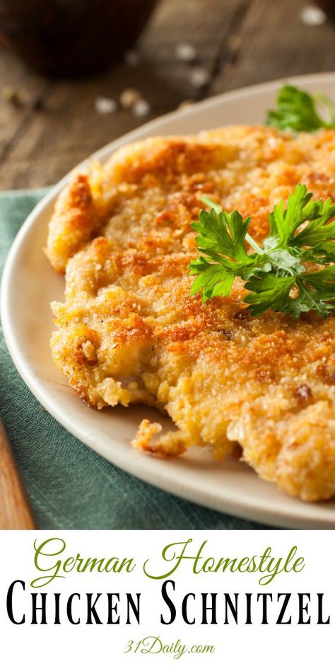 Homestyle and Pan-Seared German Chicken Schnitzel | 31Daily.com German Chicken Schnitzel Recipe, German Chicken, Chicken Schnitzel Recipe, Veal Schnitzel, Schnitzel Recipe, German Food Authentic, Schnitzel Recipes, Chicken Schnitzel, Wild Game