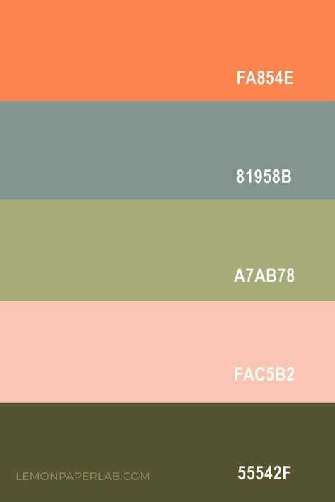 Olive Green Color Palette, Sage Color Palette, Coral Colour Palette, Orange Color Combinations, Green Laundry, Green Color Palette, Orange Color Palettes, Hex Color Palette, Earthy Color Palette