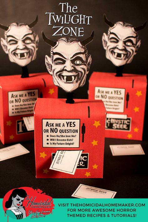 The Twilight Zone Mystic Seer Candy Box - FREE PRINTABLE via The Homicidal Homemaker #TwilightZoneDay #TwilightZone Witchy Party, Creepy Gift, Box Printable, Haunted Doll, The Twilight Zone, Zombie Party, Creepy Christmas, Halloween Bash, Retro Horror