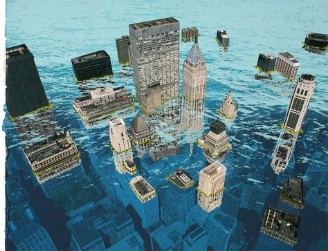 Flooded City, Apocalypse Illustration, Flood Map, D20 Modern, Floating City, New York Pictures, Cyberpunk City, Future City, Fantasy Concept Art