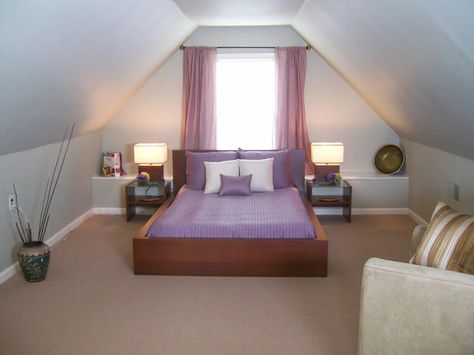 attic bedroom - pretty in purple Small Attic Bedroom Designs, Attic Master Suite, Small Attic Bedroom, Attic Renovation Ideas, Attic Bedroom Designs, Attic Playroom, Attic Loft, Small Attic, Attic Conversion