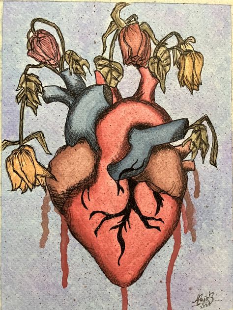 Toxic Heart Drawing, Flowers In Heart Drawing, Human Heart Drawing With Flowers, Give Heart Cartoon, Giving Someone Your Heart Drawing, Heart Bouquet Drawing, Heart Flowers Painting, Heart Bleeds Art, Real Heart Painting