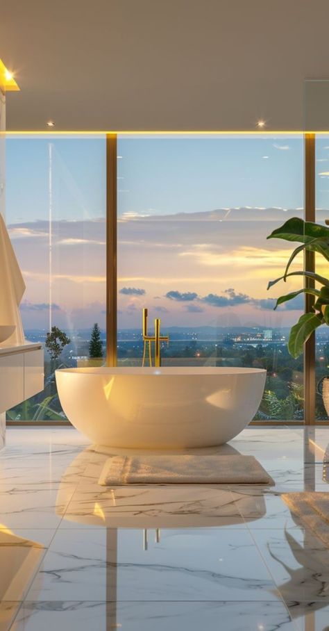 Bath Tub With View, City Apartment Bathroom, Standalone Bathtub, Bath With A View, Huge Bathroom, Huge Bathtub, Bathtub Aesthetic, Bathroom View, Modern Contemporary Interior Design