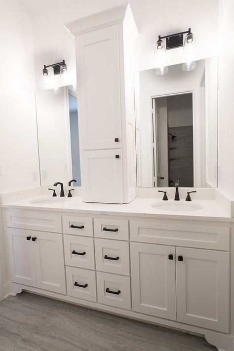 White Jack And Jill Bathroom, Double Vanity With Linen Cabinet In Middle, Jack And Jill Bathroom Vanity, Jack And Jill Bathroom Design Ideas, Double Bathroom Vanity Ideas Master Bath, Kirby Bathroom, Jack And Jill Vanity, Double Vanity With Linen Cabinet, Kids Jack And Jill Bathroom Ideas