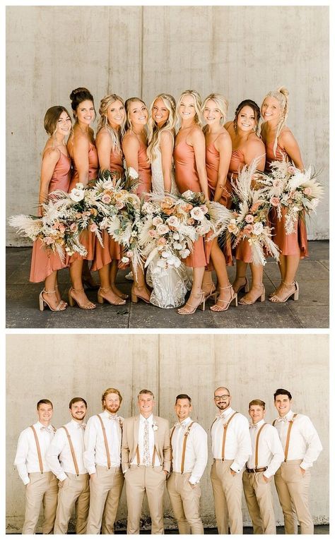 Mens Tan Wedding Attire, Boho Bridesmaid Dress Beach, Groom And Groomsmen Attire Boho, Beach Wedding Suspenders Groomsmen, Desert Wedding Party Attire, Groom And Groomsmen Attire Terracotta, Groomsmen With Bowties, Dark Beige Groomsmen Suits, Tan Brown Groomsmen Attire