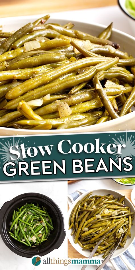 Slow Cooker Green Beans collage image. Slow Cook Green Beans, Fresh Green Bean Recipes Crockpot Crock Pot, How To Cook Fresh Green Beans In A Crock Pot, Green Bean In Crockpot, Fresh Green Bean Crockpot Recipes, Crockpot Green Beans Fresh, Crockpot Garlic Green Beans, Easy Crockpot Green Beans, Fresh Green Beans Crock Pot