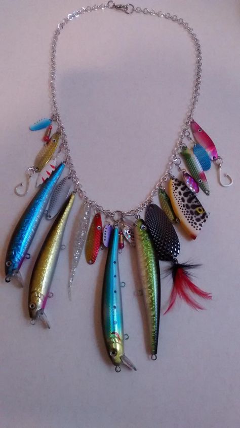 Fishing Lure Necklace, Fishing Lure Jewelry, Bead Flower Necklace, Knife Necklace, Joseph Cornell, Jewelry Making Classes, Jewelry 2023, Fish Jewelry, Bead Flower