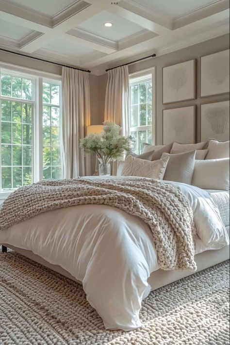 Cute House Interior Bedrooms, Beige Master Room, French Style Room Bedrooms, Aesthetic Master Bed, Ivory Bed Frame Room Ideas, Bedroom Design Ideas For Couples Master Suite, Room Inspo Color Scheme, Dream Guest Room, Farmhouse Interior Design Bedrooms