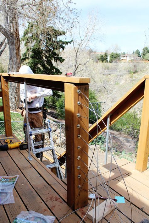 How to Install DIY Cable Rail | Annabode + Co. Reling Design, Deck Railing Design, Balkon Decor, Sustainable Interior Design, Wooden Deck, Budget Patio, Cable Railing, Lan Can, Diy Deck