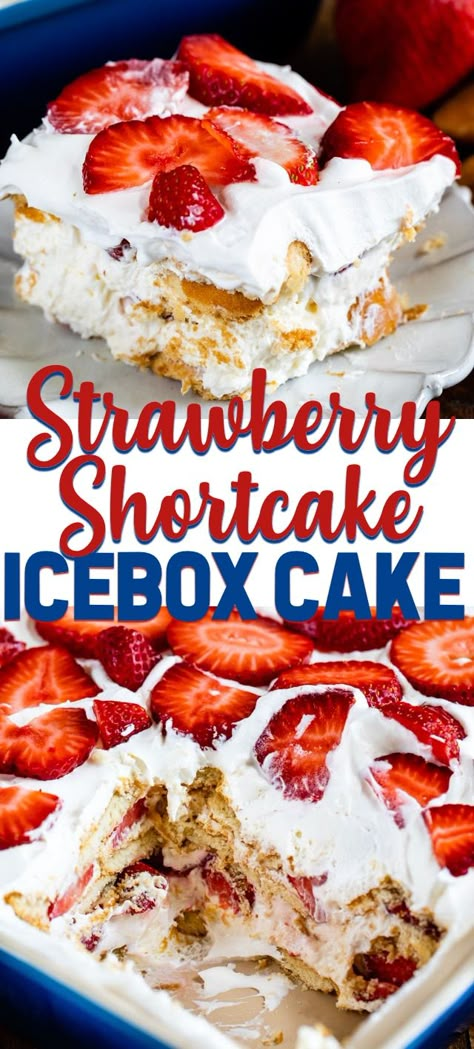 Strawberry Shortcake Icebox Cake is a simple no bake dessert made with strawberries, Nilla Wafers, and whipped cream. This easy layered dessert lasagna is the perfect summer potluck recipe! #easy #recipe #whippedcream #delish Summer Potluck Recipes, Shortcake Recipes, Dessert Lasagna, Easy Potluck Recipes, Layered Dessert, Summer Potluck, Strawberry Shortcake Recipes, Strawberry Dessert Recipes, Shortcake Recipe