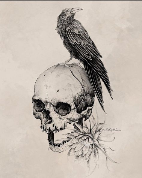 We Are Stardust, Raven Tattoo, Skull Artwork, Tattoo Sleeve Designs, Ink On Paper, Halloween Skeletons, Pen Drawing, Stardust, On Board