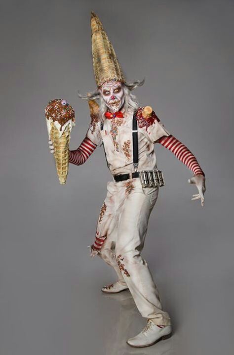 clown ice cream vendor costume Halloween Decorations Indoor Scary, Creepy Halloween Decorations Diy, Face Off Syfy, Halloween Makeup Clown, Makeup Clown, Ice Cream Man, Skeleton Makeup, Healthy Halloween, Adult Halloween Party