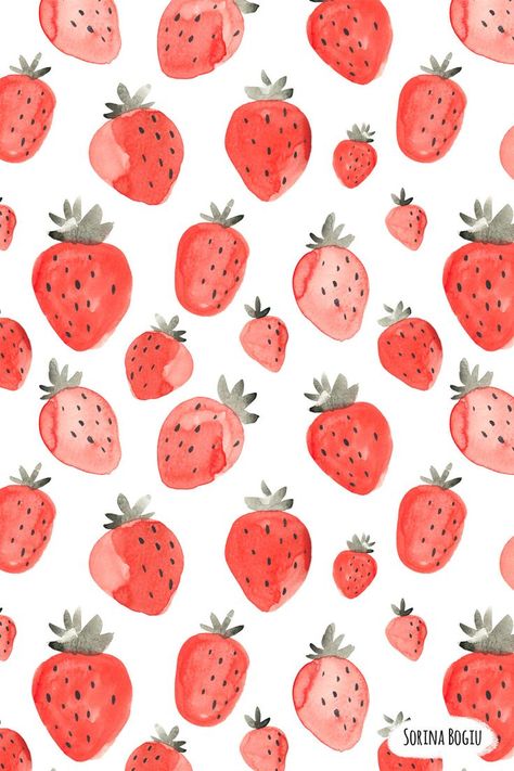 Start Digital Art, Watercolor Strawberry, Strawberry Watercolor, Pattern Fruit, Room Vibes, Pattern Design Inspiration, Strawberry Pattern, Fruit Wallpaper, Spring Wallpaper