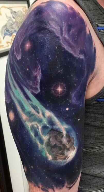 Meteor by Johnny Andres at North Main Tattoo Studio in Plymouth Michigan Meteor Tattoo, Tattoos Galaxy, Tattoos Space, Tattoos Fish, Galaxy Tattoos, Space Tattoo Ideas, Tattoos Owl, Final Fantasy Tattoo, Hammer Tattoo