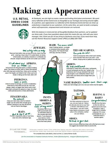 New Starbucks Barista Dress Code: Yes to Tattoos. Yes to Black Jeans. Begins 10/20. - StarbucksMelody.comStarbucksMelody.com Starbucks Closing Checklist, Working At Starbucks Outfits, Starbucks Dress Code Outfits, Starbucks Interview, Starbucks Dress Code, Starbucks Training, Waitressing Tips, Hair Policy, Starbucks Barista Training