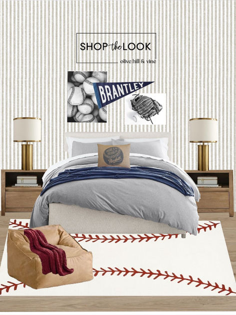 Hit a home run with your bedroom décor! A faux leather lounger and baseball stitch rug set the stage. Pinstripe wallpaper, black and white baseball artwork, and a personalized pennant flag add flair. Classic nightstands and an antique brass table lamp ground the space with a mature touch. Score a grand slam bedroom for your MVP with these stylish pieces today!   Visit our website or find us on LTK to shop the look! Baseball Teen Room, Vintage Baseball Bedroom, Yankee Bedroom, Baseball Rug, Kids Baseball Room, Baseball Bedroom Decor, Pinstripe Wallpaper, Baseball Artwork, Baseball Theme Room