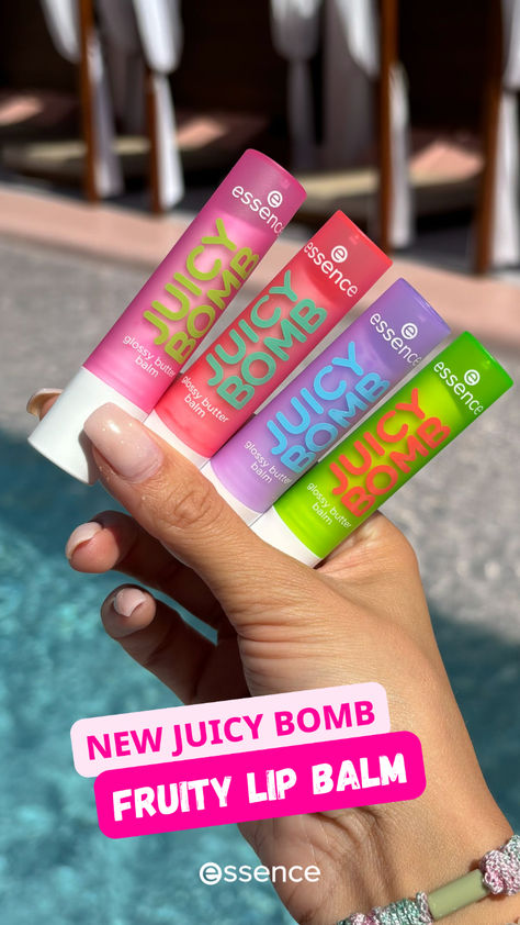 essence makeup, new essence lip balm, juicy bomb lip balm, trending lip balm, makeup must-haves Essence Juicy Balm, Essence Juicy Gloss, Lip Balm Essence, Labello Lip Balm, Essence Aesthetic, Essence Lip Balm, Cute Lip Balm, Preppy Must Haves, Juicy Bomb