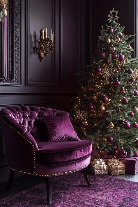 29 Christmas Aesthetic Ideas To Capture The Spirit Of The Season - Courtneys World Dark Academia Christmas Decor, Purple Rich Aesthetic, Purple Christmas Aesthetic, Gold Christmas Aesthetic, Purple Christmas Decor, Plum Living Room, Wonka Christmas, Jewel Tone Christmas, Christmas Aesthetic Ideas