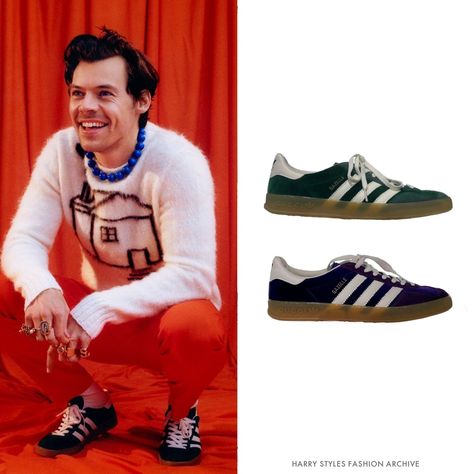 Adidas Gazelle Outfit Men, Harry Styles Shoes, Harry Styles Gucci, Streetwear Inspiration, Rainbow Shoes, Gucci Outfits, Celebrity Style Red Carpet, Adidas Gazelle, Harry Styles