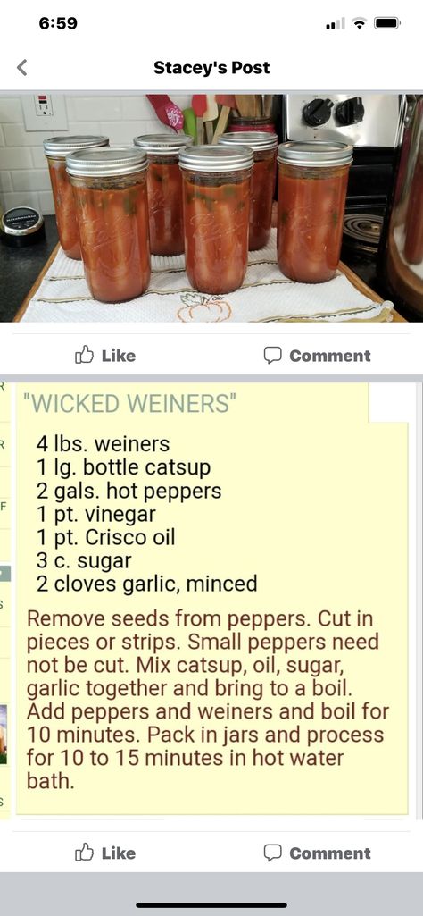 Canned Peppers And Weiners Recipe, Canning Hot Peppers And Weiners, Hot Peppers And Weiners Recipe, Canning Peppers And Weiners, Peppers And Weiners Canning, Pickled Wieners Recipe, Canning Hot Peppers, Canning Meals, Canning Veggies