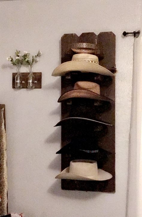 Welded Cowboy Hat Racks, Cowboy Hat Hooks Diy, Western Hat Display, Rustic Cowboy Hat Rack, How To Store Cowboy Hats, Cowboy Hat Rack Diy Wall Mount, Cowboy Hat Rack For Truck, Cowboy Hat Hanging Ideas, Diy Western Home Decor Projects