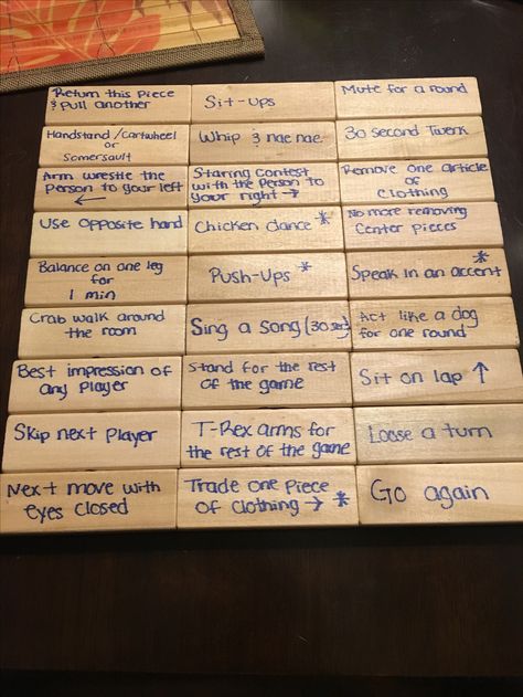 Jenga with a twist Twisted Jenga, Birthday Jenga Game, Jenga Challenge Ideas, Bachelorette Jenga Game, Jenga Game Ideas For Kids, Strip Jenga, Jenga Game Ideas, Adult Jenga Ideas, Couples Jenga