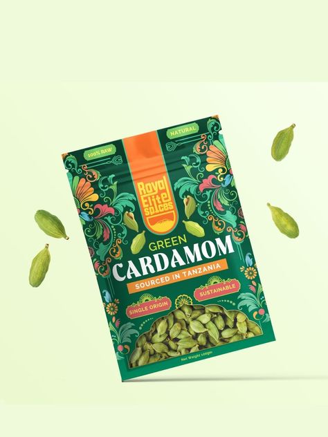 Cardamom premium packaging design redspicepackaging Premium Food Packaging, Premium Packaging Design, Spices Photography, Spices Packaging, Food Logo Design, Instagram Branding, Graphic Design Packaging, Premium Packaging, Tea Packaging