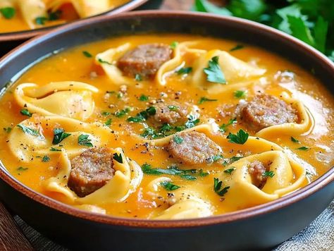 Creamy Butternut Squash and Sausage Tortellini Soup - Tastecove Butternut Squash And Sausage, Squash Sausage, Butternut Squash Sausage, Kielbasa Soup, Sausage Tortellini Soup, Soup Creamy, Creamy Butternut Squash, Sausage Tortellini, Sage Sausage