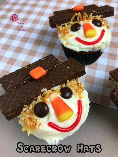 Scarecrow Cupcake, Scarecrow Hats, Starburst Minis, Fun Fall Treats, Chocolate Line, Scarecrow Hat, Cupcake Hats, Fruit Chews, White Frosting