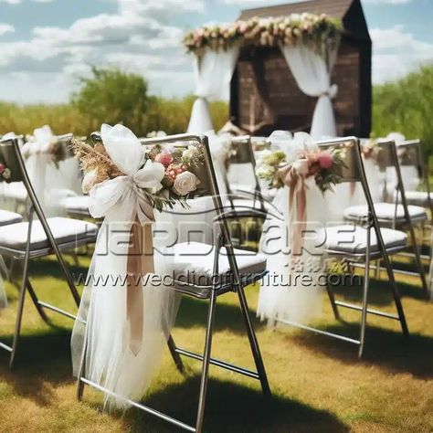 How to Decorate Metal Folding Chairs for Wedding? How To Make Metal Chairs Look Nice For Wedding, How To Decorate Metal Folding Chairs, How To Make Folding Chairs Look Nice, Decorate Folding Chairs For Wedding, Folding Chair Decorations Wedding, Decorate Folding Chairs, Folding Chairs Wedding, Plastic Chair Covers, Folding Chair Makeover