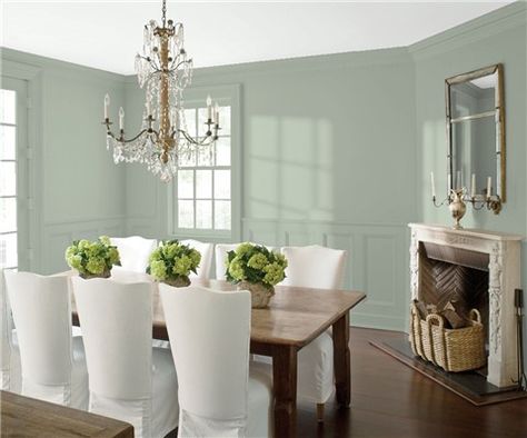 Look at the paint color combination I created with Benjamin Moore. Via @benjamin_moore. Wall: Flora AF-470; Trim & Wainscot: Flora AF-470; Ceiling: Distant Gray 2124-70. Palladian Blue Benjamin Moore, Cream Rugs, Palladian Blue, Dining Room Paint Colors, Blue Green Paints, Best White Paint, Dining Room Paint, Small House Interior Design, Dining Room Colors