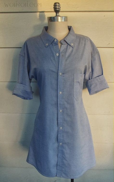 Need a cute dress in a hurry?    Grab an old XL shirt from your hubby's closet or find one in the thrift shop and make one in a fl... Shirt Dress Tutorials, Shirt Dress Diy, Mens Shirt Refashion, Diy Clothes Refashion, Diy Vetement, Dress Tutorials, Shirt Refashion, Recycle Clothes, Refashion Clothes