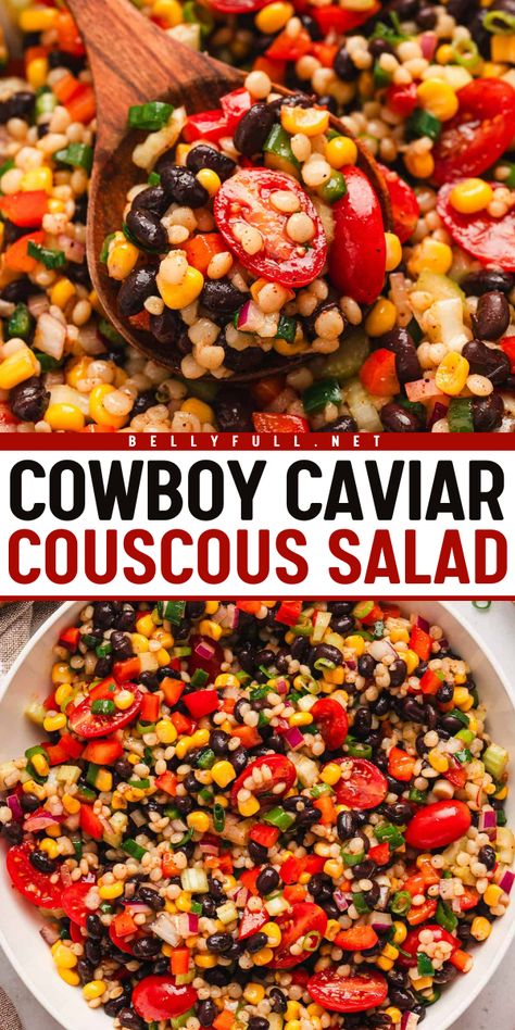 This Cowboy Caviar Couscous Salad is loaded with tender pearl couscous and a vibrant combination of diced vegetables and beans that’s tossed in a garlicky-lemon vinaigrette. It’s a quick and easy satisfying salad perfect for any get-together, and also great as a family dinner side. Couscous Main Dish Recipes, Chickpea And Couscous Salad, Cowboy Caviar Couscous Salad, What To Make With Couscous, Easy Couscous Salad, Italian Couscous Recipes, Cuscus Recipes Couscous, Pearl Couscous Salad Recipes, Couscous Pearl Recipes