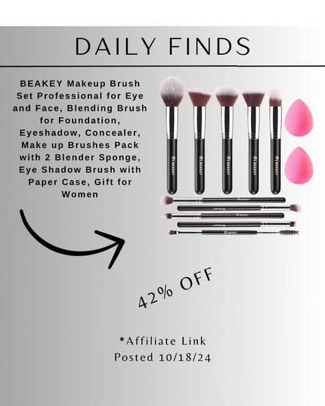 BEAKEY Makeup Brush Set Professional for Eye and Face, Blending Brush for Foundation, Eyeshadow, Concealer, Make up Brushes Pack with 2 Blender Sponge, Eye Shadow Brush with Paper Case, Gift for Women CHECK OUT LINK BELOW FOR DETAILS. https://urlgeni.us/amzn/fk_yH As an Amazon Associate, I earn commissions on qualifying purchases. *Product prices and availability are accurate as of the date/time posted and are subject to change. *This content is subject to change or removal at any time. *P... Brush For Foundation, Blender Sponge, Eye Shadow Brush, Paper Case, Makeup Brush Set Professional, Make Up Brushes, Blending Brush, Eyeshadow Brushes, Makeup Brush Set