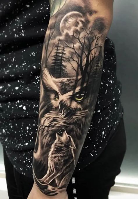 12+ Best Wolf and Owl Tattoo Ideas - PetPress Owl Forearm Tattoo, Realistic Owl Tattoo, Owl Tattoo Sleeve, Wolf Sleeve, Tattoo Homme, Wolf Tattoos Men, Animal Sleeve Tattoo, Tier Tattoo, Nature Tattoo Sleeve