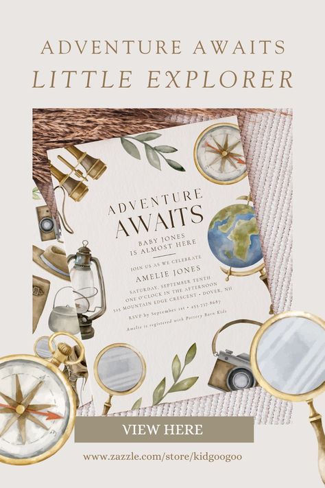 Your little explorer is making their debut, and an exciting adventure awaits! Create the ultimate cohesive baby shower celebration with our unique watercolor explorer collection. These designs feature an adorable vintage compass, world globe, binoculars, lantern, vintage camera and magnifying glass. #zazzlemade #babyshower #genderneutral Little Explorer Baby Shower Theme, Adventure Party Theme, Unique Baby Shower Ideas, Pirates Theme, Adventure Awaits Baby Shower, Lantern Vintage, Adventure Baby Shower, Adventure Party, Vintage Compass